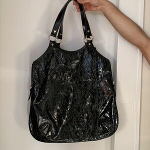 YSL Black Embossed Leather Shoulder Bag with Silver Hardware